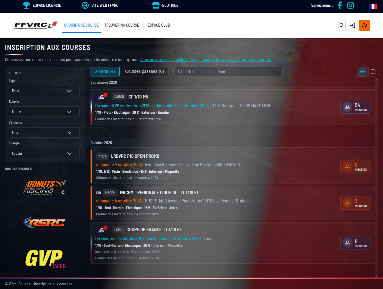 Capture d'écran de la plateforme FFVRC